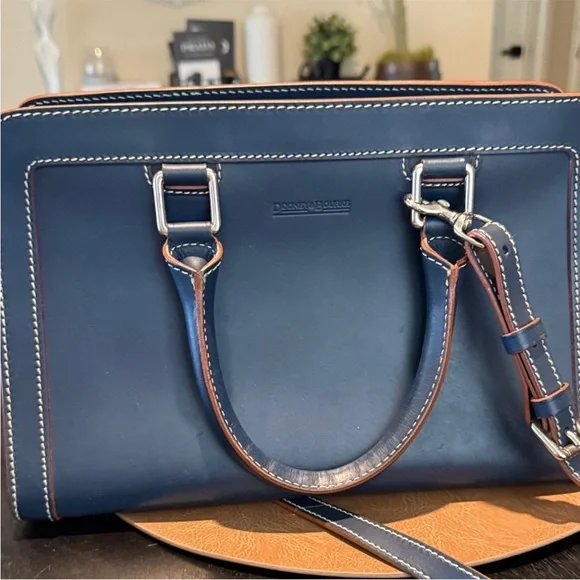 Dooney & Bourke Navy Satchel with Tan Trim - Picture 6 of 10